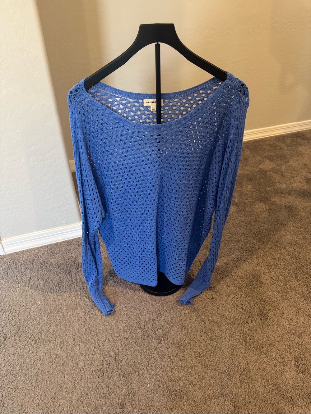 eesome Blue Open-Knit Off-the-Shoulder Sweater